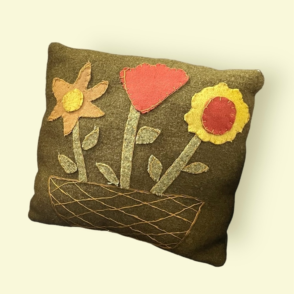 Handmade floral mini throw pillow hand sewn wool green primitive